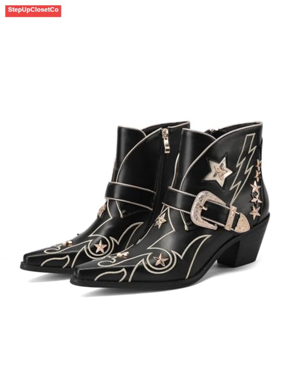 Western Embroidered Ankle Boots Pointed Toe Faux Leather Cowgirl Boots Low Heel
